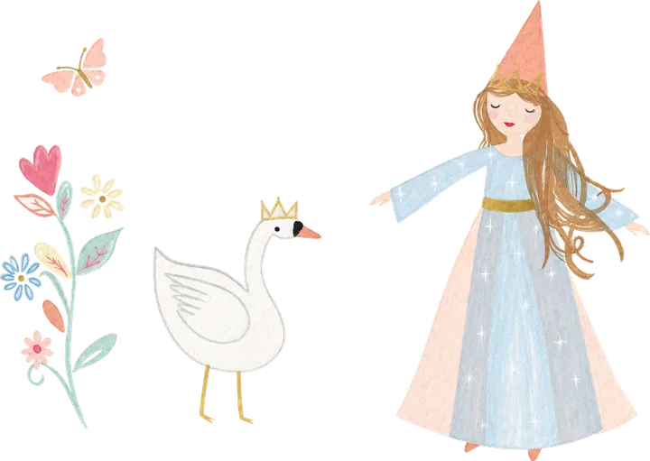 Princess, crowned swan, florals and butterfly