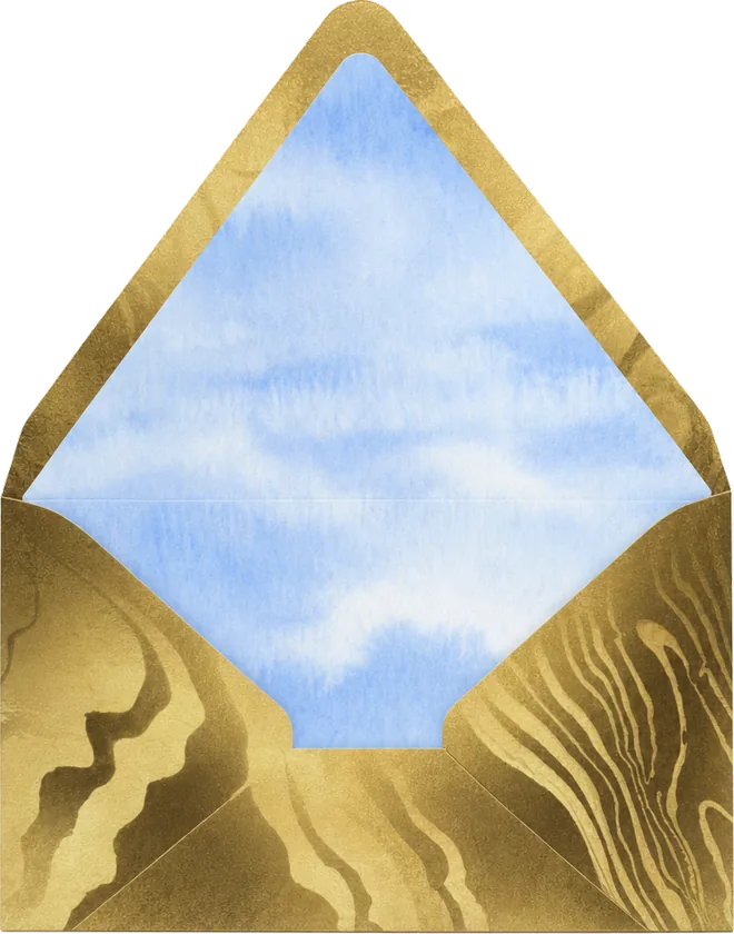 Open marbled gold envelope with watercolor sky liner
